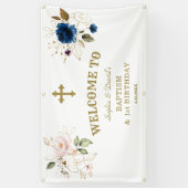 Roze blauwe bloemen Twins 1st Birthday Welcome Sig Spandoek (Verticaal)