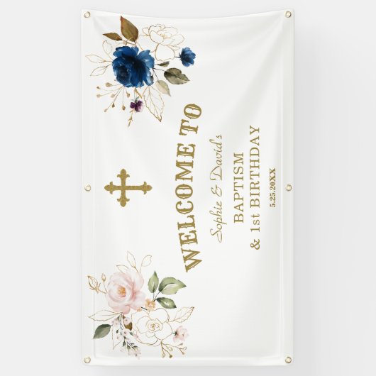 Roze blauwe bloemen Twins 1st Birthday Welcome Sig Spandoek (Verticaal)