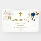 Roze blauwe bloemen Twins 1st Birthday Welcome Sig Spandoek (Horizontaal)