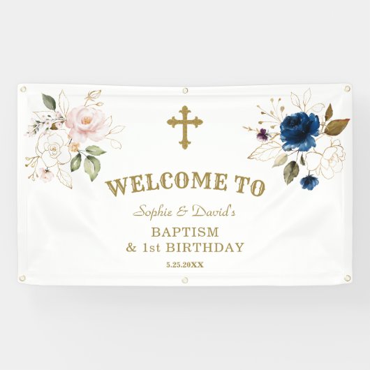 Roze blauwe bloemen Twins 1st Birthday Welcome Sig Spandoek (Horizontaal)