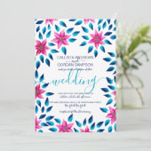 Roze Blauwe Bloemen Verlaat Acrylverf Trouwen Kaart (Staand voorkant)