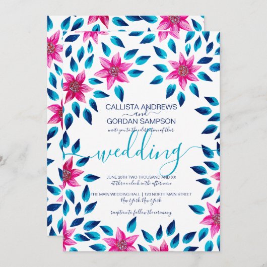 Roze Blauwe Bloemen Verlaat Acrylverf Trouwen Kaart (Voorkant / Achterkant)