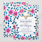 Roze Blauwe Bloemen Verlaat Bat Mitswa Hebreeuwse  Kaart (Voorkant / Achterkant)