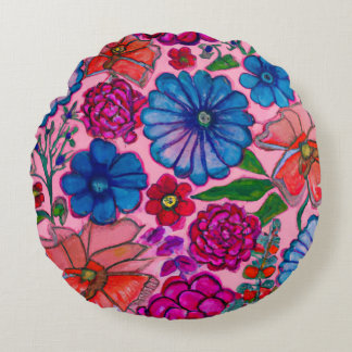 Roze & Blauwe Bloemendesign Rond Kussen