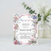 Roze blauwe bloemenjongen meisje onthullen uitnodi (Staand voorkant)