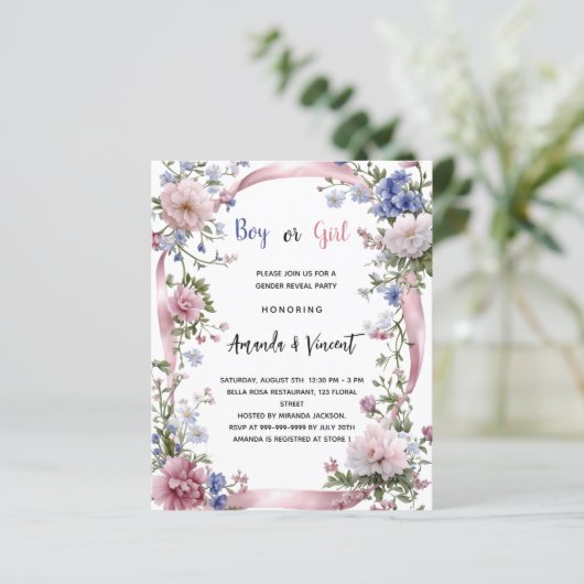 Roze blauwe bloemenjongen meisje onthullen uitnodi (Staand voorkant)