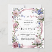 Roze blauwe bloemenjongen meisje onthullen uitnodi (Voorkant)