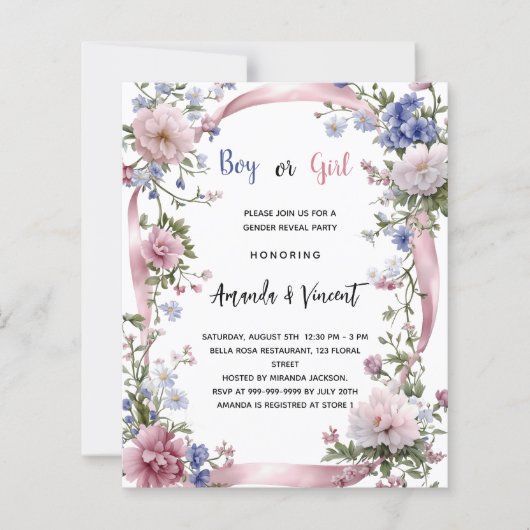 Roze blauwe bloemenjongen meisje onthullen uitnodi (Voorkant)