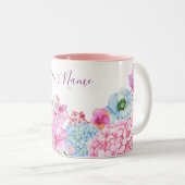 Roze blauwe bloementak met vogel tweekleurige koffiemok (Voorkant rechts)