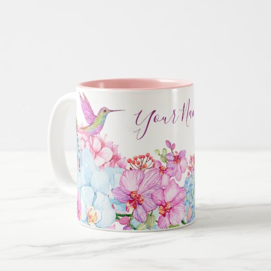 Roze blauwe bloementak met vogel tweekleurige koffiemok (Voorkant links)