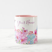 Roze blauwe bloementak met vogel tweekleurige koffiemok (Center)