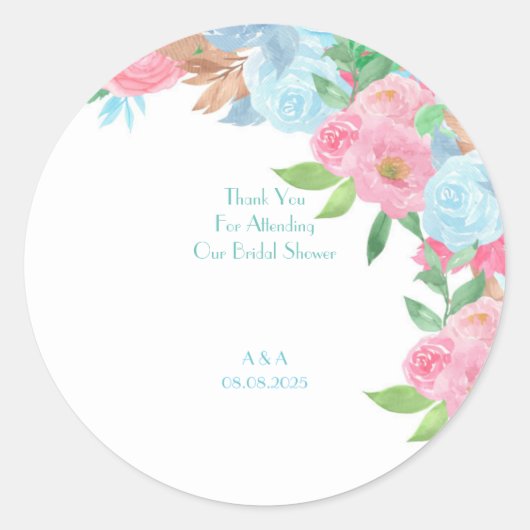 Roze blauwe bloemhuwelijk ronde sticker (Voorkant)