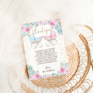 Roze Blauwe Bloemige Geslacht Reveal Baby Shower Bedankkaart