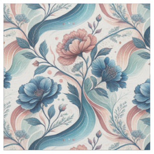 Roze & Blauwe Bloemige Krullen Botanisch Patroon K Stof