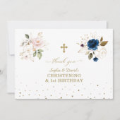 Roze Blauwe Bloemige Tweeling 1e Verjaardag Christ Bedankkaart (Voorkant)