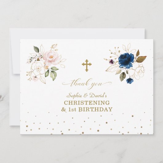 Roze Blauwe Bloemige Tweeling 1e Verjaardag Christ Bedankkaart (Voorkant)