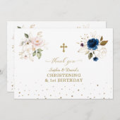 Roze Blauwe Bloemige Tweeling 1e Verjaardag Christ Bedankkaart (Voorkant / Achterkant)