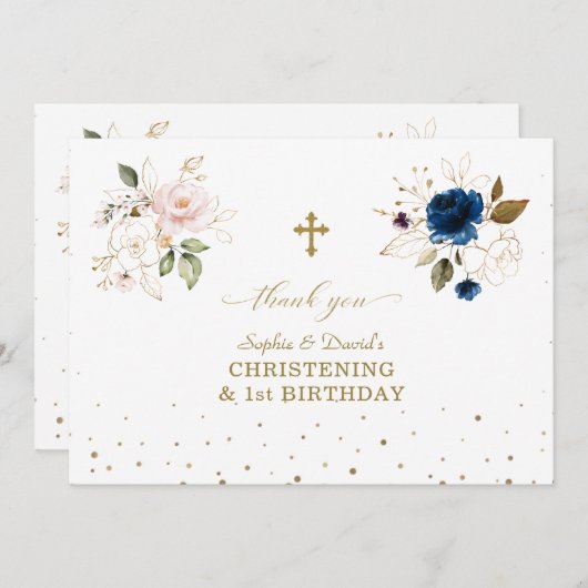 Roze Blauwe Bloemige Tweeling 1e Verjaardag Christ Bedankkaart (Voorkant / Achterkant)