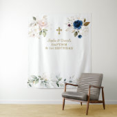 Roze Blauwe Bloemige Tweeling 1e Verjaardag Doop  Wandkleed (In situ)