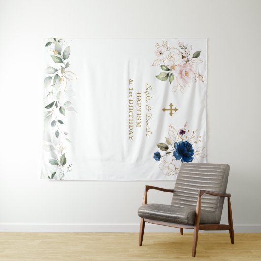 Roze Blauwe Bloemige Tweeling 1e Verjaardag Doopfe Wandkleed (In Situ (horizontaal))