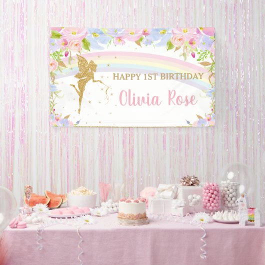 Roze Blauwe Bloemige Verjaardag Achtergrond B Spandoek (Feest)
