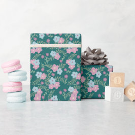 Roze & Blauwe Bloemmotief op Teal – Modern Cadeaupapier