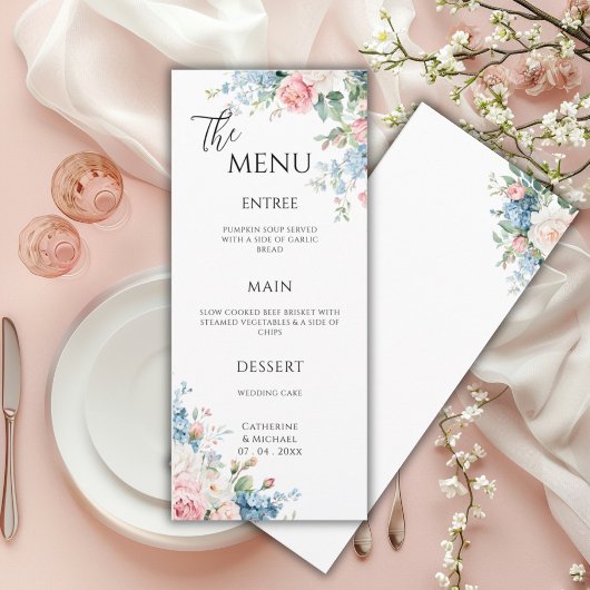 Roze & Blauwe Bloemrijke Elegante Bruiloft Menu