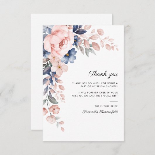 Roze Blauwe Bloemrijke Script Bruidsdouche Bedankkaart (Voorkant / Achterkant)
