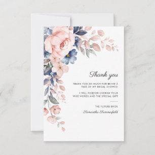 Roze Blauwe Bloemrijke Script Bruidsdouche Bedankkaart
