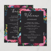 Roze & Blauwe Boeketten Zwart Trouwroute Informatiekaartje (Voorkant / Achterkant)