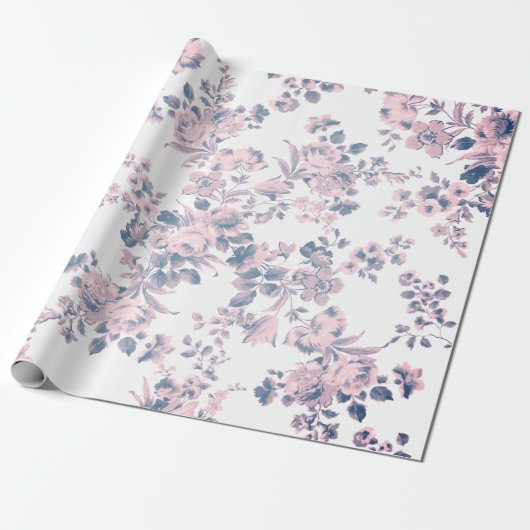 roze blauwe bohemiene elegant floreel cadeaupapier (Uitgerold)