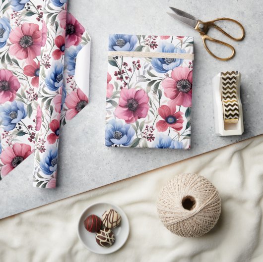 Roze Blauwe Botanische Bloei Inpakpapier (Crafts)