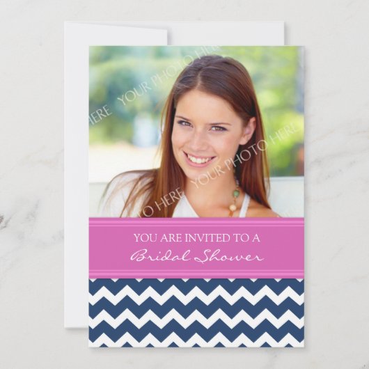 Roze Blauwe Chevron Foto Bridal Shower Uitnodiging (Voorkant)