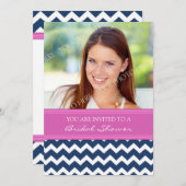 Roze Blauwe Chevron Foto Bridal Shower Uitnodiging (Voorkant / Achterkant)