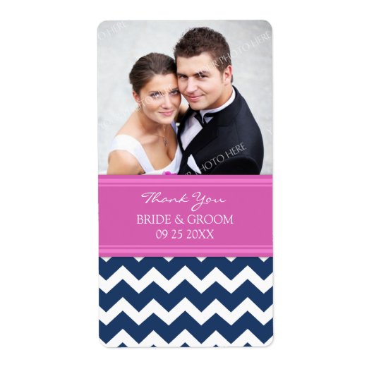 Roze Blauwe Chevron Foto Bruiloft Labels (Voorkant)