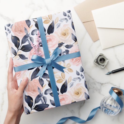 Roze Blauwe Chic Bloemen Bruiloft Feest Cadeaupapier (Geschenken)