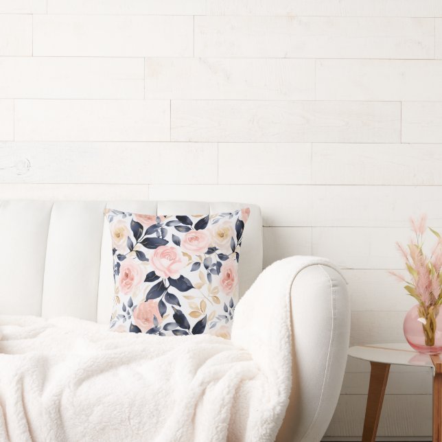 Roze Blauwe Chic Bloemen Kussen (Bank)
