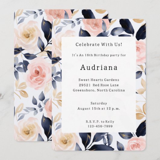 Roze Blauwe Chic Bloemen Verjaardag Kaart (Voorkant / Achterkant)