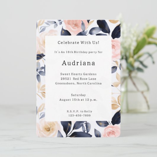 Roze Blauwe Chic Bloemen Verjaardag Kaart (Staand voorkant)