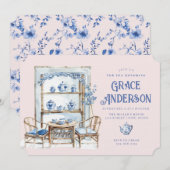 Roze & Blauwe Chinoiserie Bamboo Tea Uitnodiging (Voorkant / Achterkant)