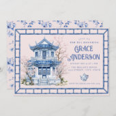 Roze & Blauwe Chinoiserie Bamboo Tea Uitnodiging (Voorkant / Achterkant)