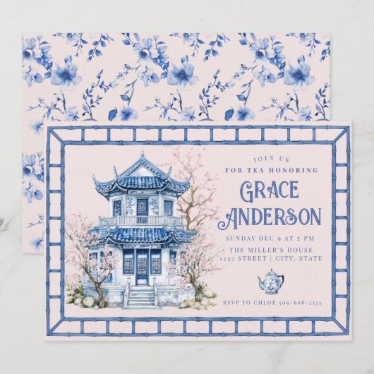 Roze & Blauwe Chinoiserie Bamboo Tea Uitnodiging (Voorkant / Achterkant)