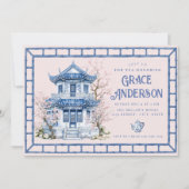 Roze & Blauwe Chinoiserie Bamboo Tea Uitnodiging (Voorkant)