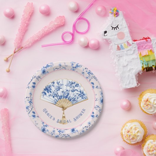 Roze & Blauwe Chinoiserie Fan | bruidsthee Papieren Bordje (Feest)