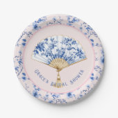 Roze & Blauwe Chinoiserie Fan | bruidsthee Papieren Bordje (Voorkant)