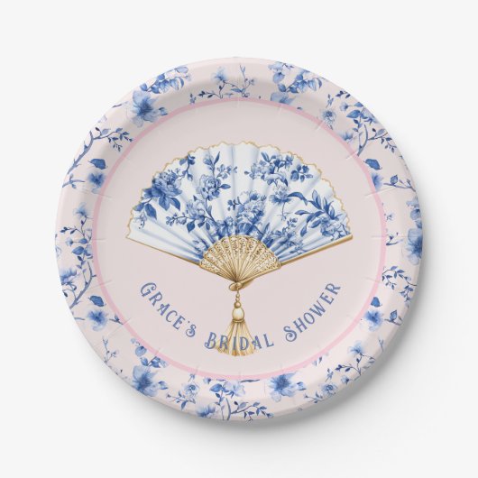 Roze & Blauwe Chinoiserie Fan | bruidsthee Papieren Bordje (Voorkant)