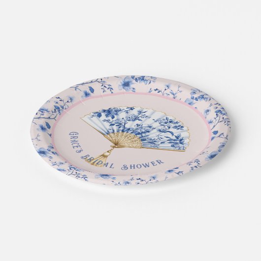 Roze & Blauwe Chinoiserie Fan | bruidsthee Papieren Bordje (Gekanteld)