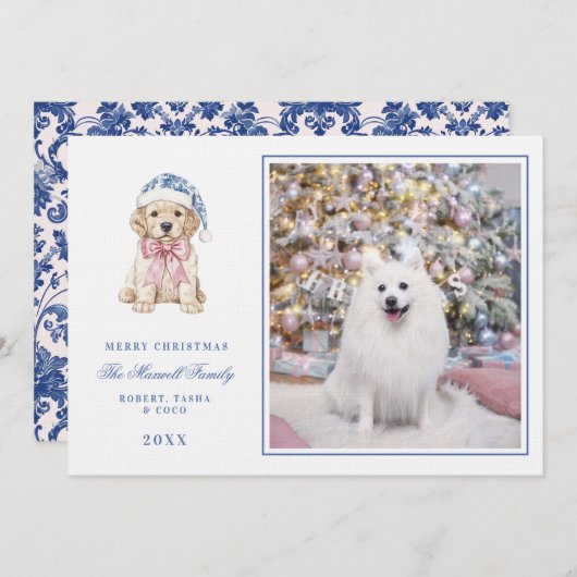 Roze & Blauwe Chinoiserie Kerstpuppy Kaart (Voorkant / Achterkant)