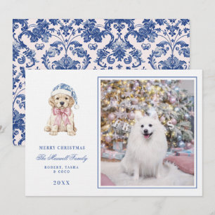 Roze & Blauwe Chinoiserie Kerstpuppy Kaart