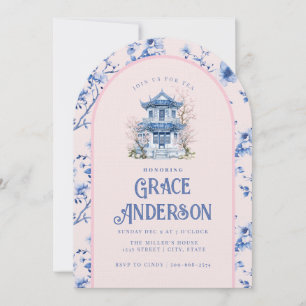 Roze & Blauwe Chinoiserie Pagoda Tea Uitnodiging